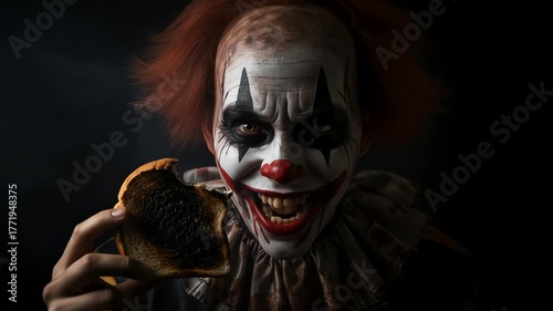 Scary, terrifying clown with hungry mood holding a burnt piece of toast against a dark, moody background, creating a disturbing, surreal scene of horror and twisted hunger