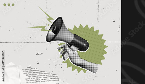 Trendy Halftone Collage Social media news. Hand holding Megaphone with announce information. Sale and marketing promotions. Propaganda and fake news. Vintage retro vector illustration art