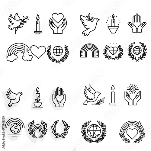Peace and hope line icon collection with dove, heart, candle, rainbow, and globe. Perfect for humanitarian, faith, unity, and global harmony concepts.