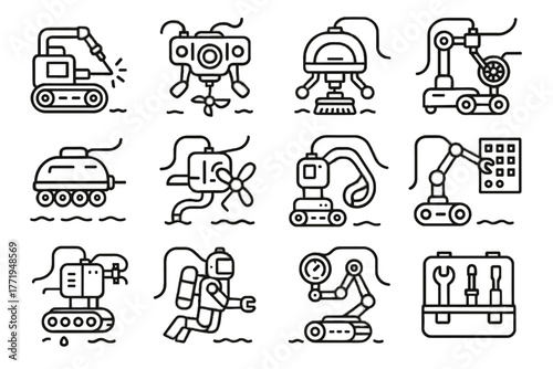 Icons detector turbine valve repair assistant aquatic robot underwater vector pipe bot