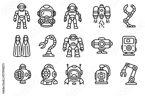 Aquanaut humanoid icons oxygen underwater robot recycler vector arm robotic icon propulsion