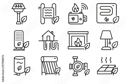 Devices eco portable thermal icon stove fireplace geothermal water circulation sustainable vector