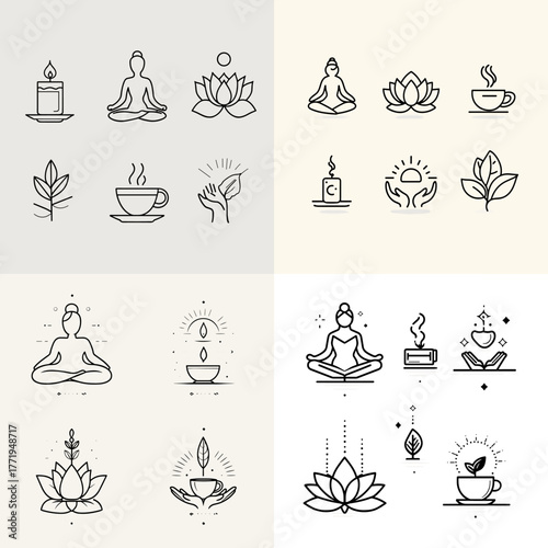 Mindfulness and wellness icon set featuring yoga poses, candles, lotus flowers, and tea cups. Perfect for meditation, spa, relaxation, and healthy lifestyle projects.