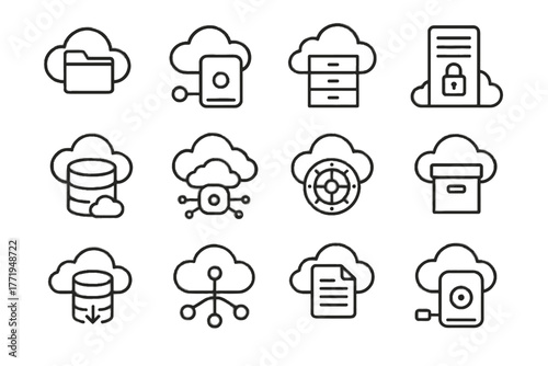 Vector encrypted icon hub network storage repository remote cloud archive disk