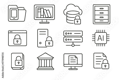 Document cloud library ai repository digital hub locker cabinet icons vector icon