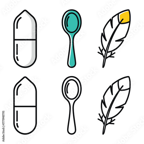 Two white pills two teal spoons and two yellow tipped feathers capsule medicine