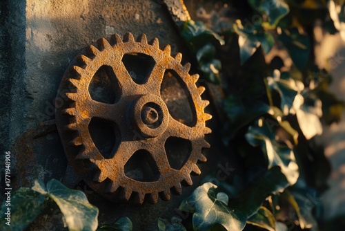 A weathered, rusty metal gear partially obscured by vibrant green ivy leaves, bathed in warm sunlight against a textured stone background.