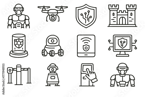 Holographic hub security fortress ai icon vector robot defense barrier autonomous cyber