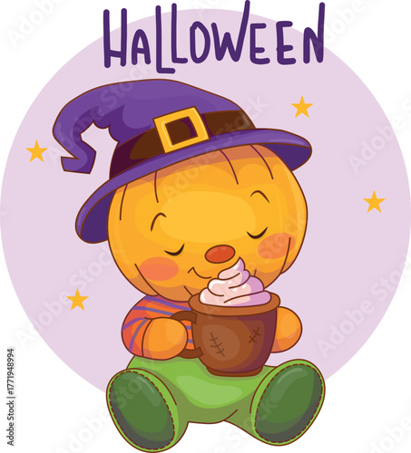 Cute pumpkin in witch hat with cocoa cup. Cozy Halloween illustration for cards, prints, stickers, and kids designs.