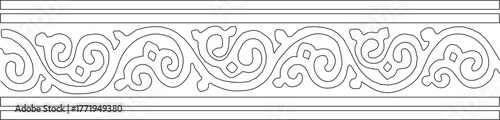 Minimalist line art of repeating ornate scroll border with symmetrical swirls — ideal for invitations, certificates, or luxury graphic design projects.
