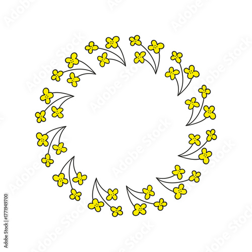 Cute round frame with doodle canola rapeseed floral twigs isolated on white background.