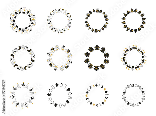 Set of cute wreath with Christmas elements isolated on white background. New year circle frame with celestial icons.