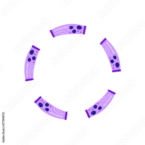 Cute round wreath with blueberry protein bars isolated on white background.