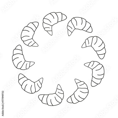 Cute round frame with doodle croissants isolated on white background. French food illustration.