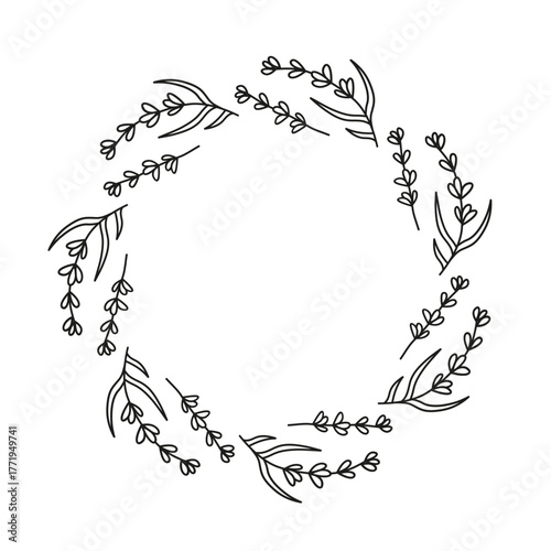 Cute round frame with doodle outline lavender twigs isolated on white background.