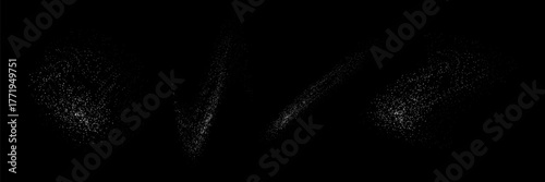 Set of white micro dust isolated on black background. Crushed little granules of flour or sand. Backdrop with sugar crystal powder. Falling salt crystals. Noise particles. Grunge grain texture.