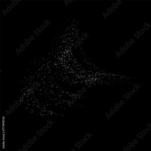 Salt crystals isolated on black background. Backdrop with flour powder. Snow effect texture. Falling sand pieces. White grain noise particles in motion.