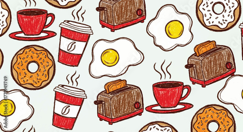 Hand-Drawn Breakfast Food Seamless Pattern