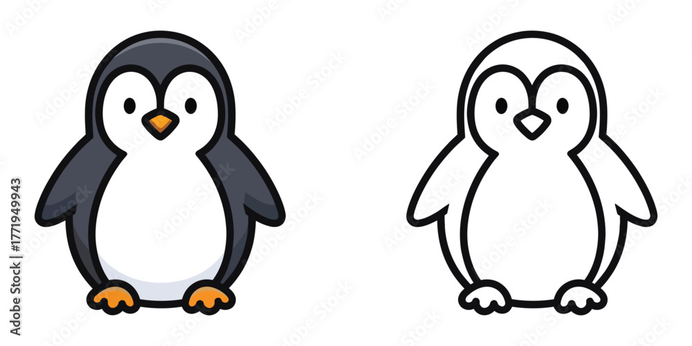 Fototapeta premium Cute cartoon penguin illustration and outline on white background black and white