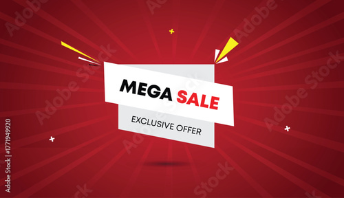 mega sale exclusive offer web banner vector art template design badge icon label gray white shapes black bold text dark red light sun shine abstract business background creative modern layout