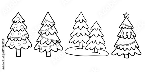 Cute Christmas Tree Line Art Collection | Simple Holiday Decoration Vector Set