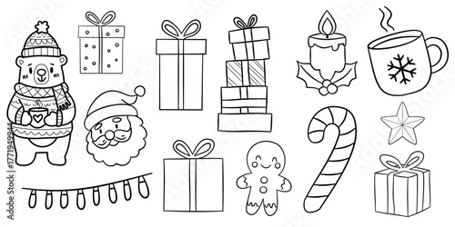 Christmas Gifts and Decorations Line Art | Cute Holiday Presents, Santa and Festive Elements Vector Illustration