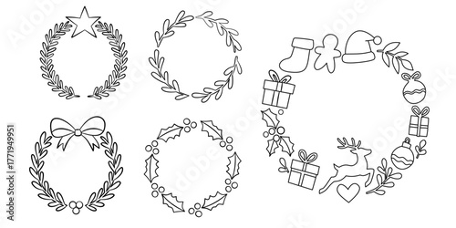 Christmas Wreaths Collection | Cute Holiday Wreath Line Art Vector Illustration