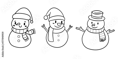 Snowman Clipart Set | Cute Winter Snowmen Line Art Vector Illustration