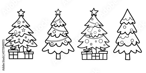 Christmas Tree Line Art Vector Set | Cute Holiday Decoration Illustration