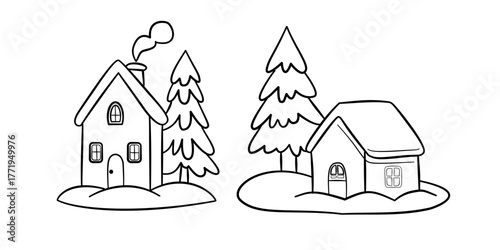 Cozy Winter Village Line Art | Cute Christmas House and Trees Illustration