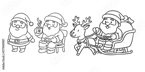 Cute Santa Claus characters with reindeer sleigh and Christmas gifts, drawn in black and white line art style. Perfect for holiday cards, decorations, coloring pages, and festive designs