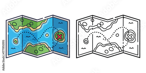 Folded treasure map with dotted path leading to red X on island folded map