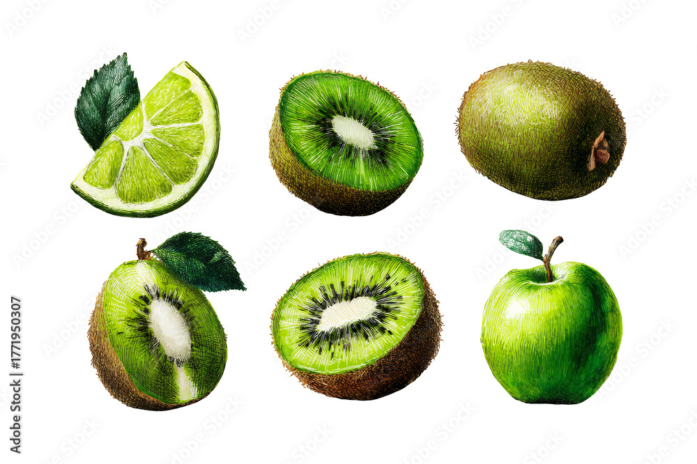 Fototapeta premium Vibrant sliced and whole fresh green fruits lime kiwi apple isolated on dark backdrop studio lighting isolated on transparent background