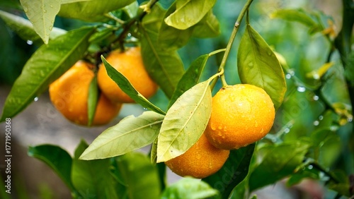 Wallpaper Mural Fresh Tangerines in a Bush After Rain with Water Drops on Green Leaves Torontodigital.ca