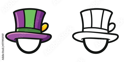 Two cartoon top hats one colored purple and green the other black outline illustration