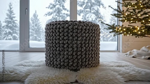Cozy winter scene with knitted ottoman on fluffy rug before snow-covered pine forest window and twinkling Christmas tree lights warm inviting holiday atmosphere Podium