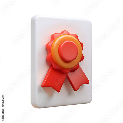 A red and orange award ribbon on a white plaque isolated on transparent background