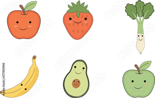 Cute Kawaii Fruits and Vegetables  Adorable Cartoon Food Illustrations Representing Healthy, Organic, and Plant-Based Lifestyle