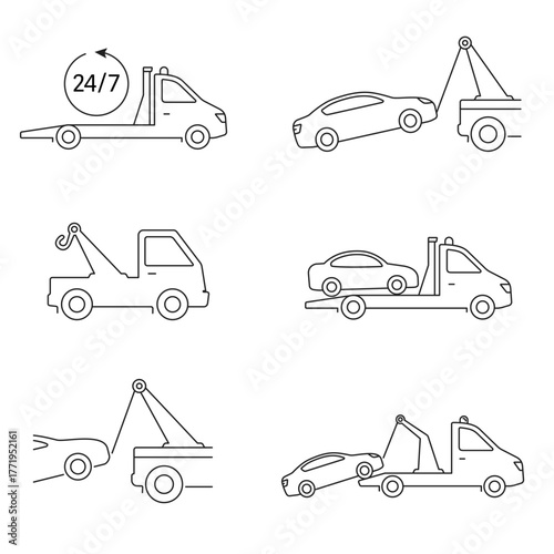 Tow truck, Car towing vector icon set isolated. Car evacuation sign. Line art