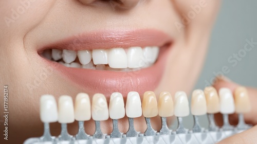 Person Comparing Teeth Shades with Color Palette for Dental Aesthetics