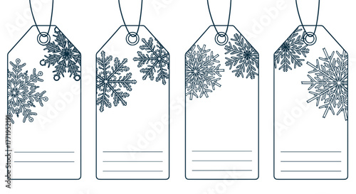 Christmas gift tags with snowflake line art for holiday wrapping and winter sale promotion
