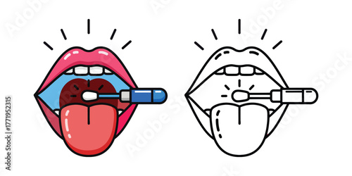 Open mouth with pink lips and tongue holding a blue swab for cleaning vector