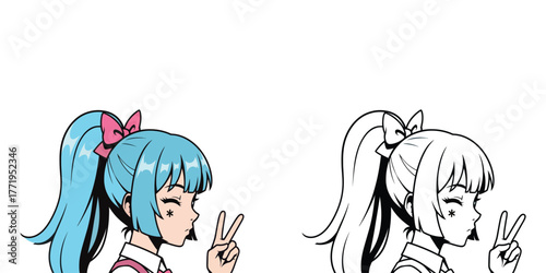 Anime girl with blue hair and pink bow making peace sign in profile view woman