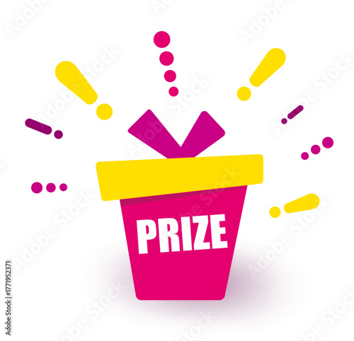 Enter to win prizes. vertical banner. orange gift box on white background and exclamation marks. Fireworks or confetti around. Cartoon origami style vector illustration.