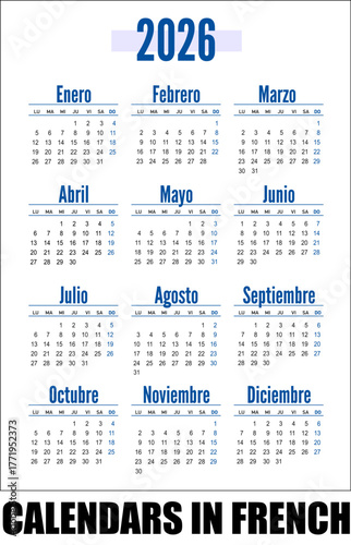 French - calendar Year 2026. vector calendar. The week starts on Monday.