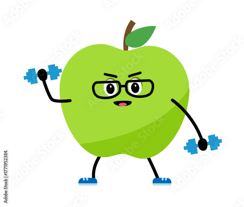 A cute, strong applen. The concept of classes in the gym with the image of apple, health, fitness.
