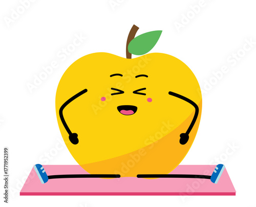 Cute strong apple character meditate in yoga pose. Cartoon apple gym, health, fitness yoga meditate