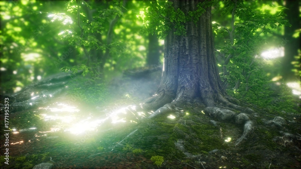 Obraz premium A warm glow emanates from sunlight piercing through a thick canopy, illuminating the textured roots of a majestic tree in a tranquil woodland. The atmosphere feels magical and serene.