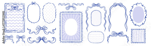 Frame border with bow ribbon. Whimsical vintage menu frame for wedding, birthday. Bow ribbon design, hand drawn coquette blue line illustration. Vector watercolor coastal wedding menu bg. Cute poster