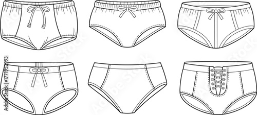 Dark Teal Thong Panty Flat Vector Technical Fashion Drawing with Decorative Bow Detail Isolated on White Background, cad drawing flat vector illustration.